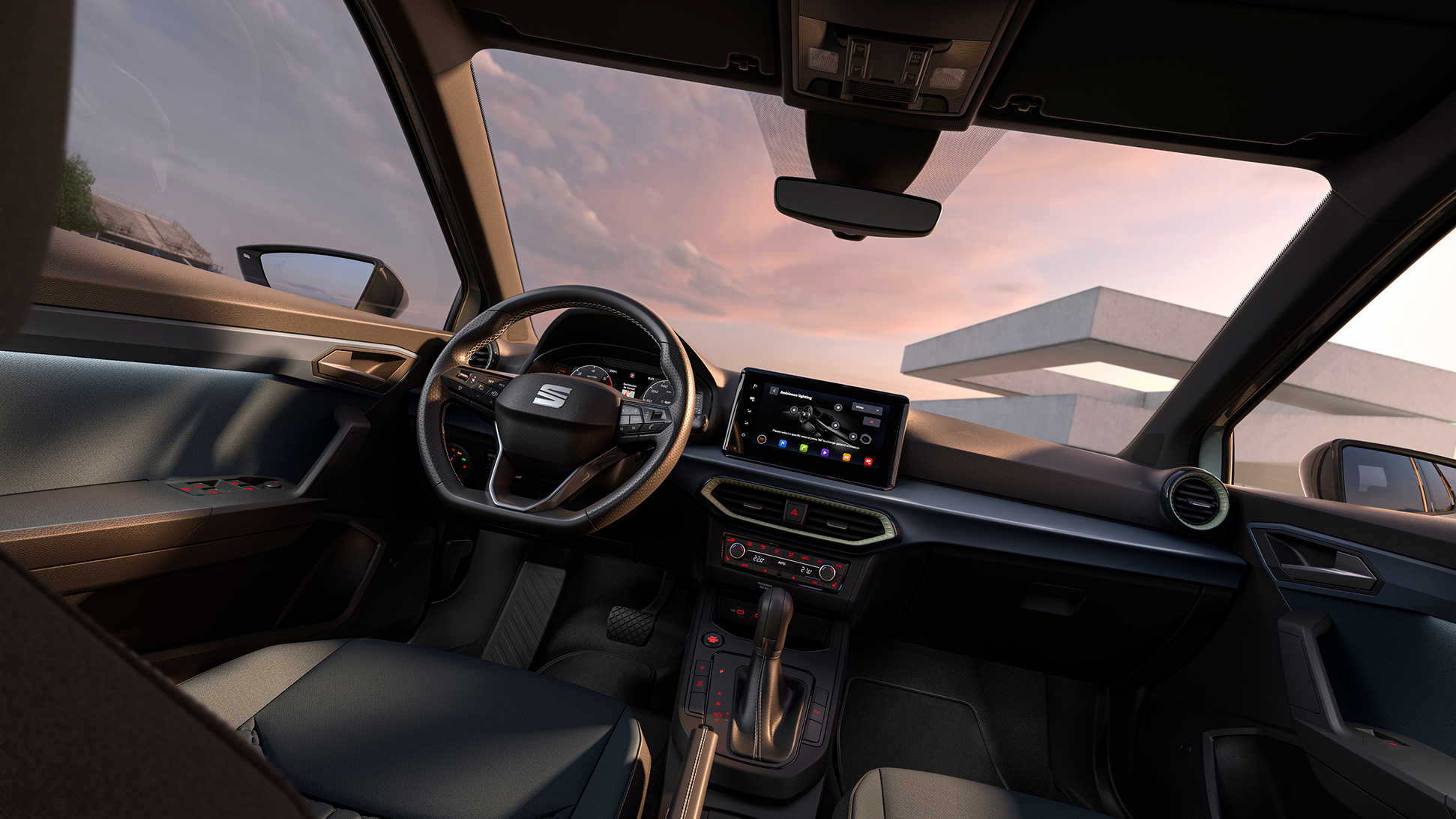 SEAT Arona interior showcasing details, such as part of the upholstery, the touchscreen or the steerign wheel. SEAT Arona interior showcasing details, such as part of the upholstery, the touchscreen or the steerign wheel.