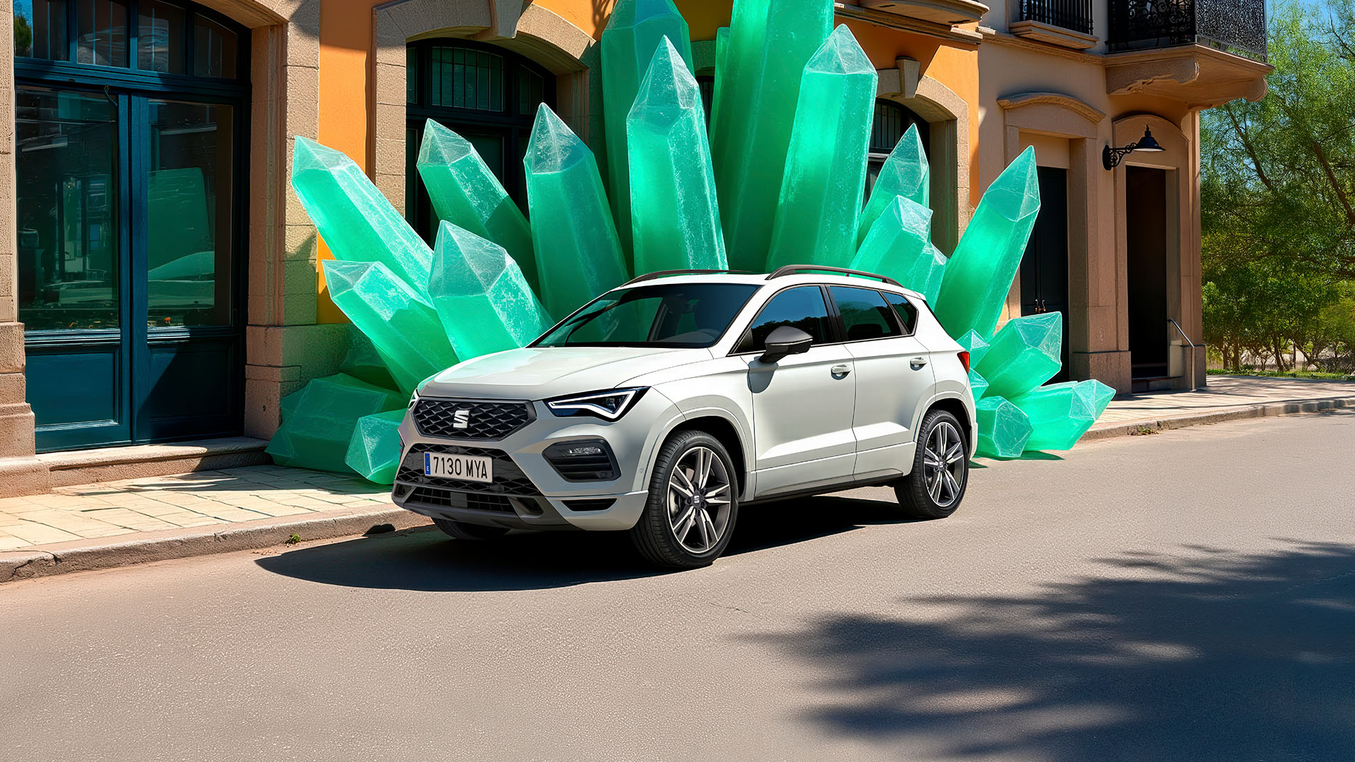 seat ateca 2025 in white against a green, artsy figure in a urban spot.