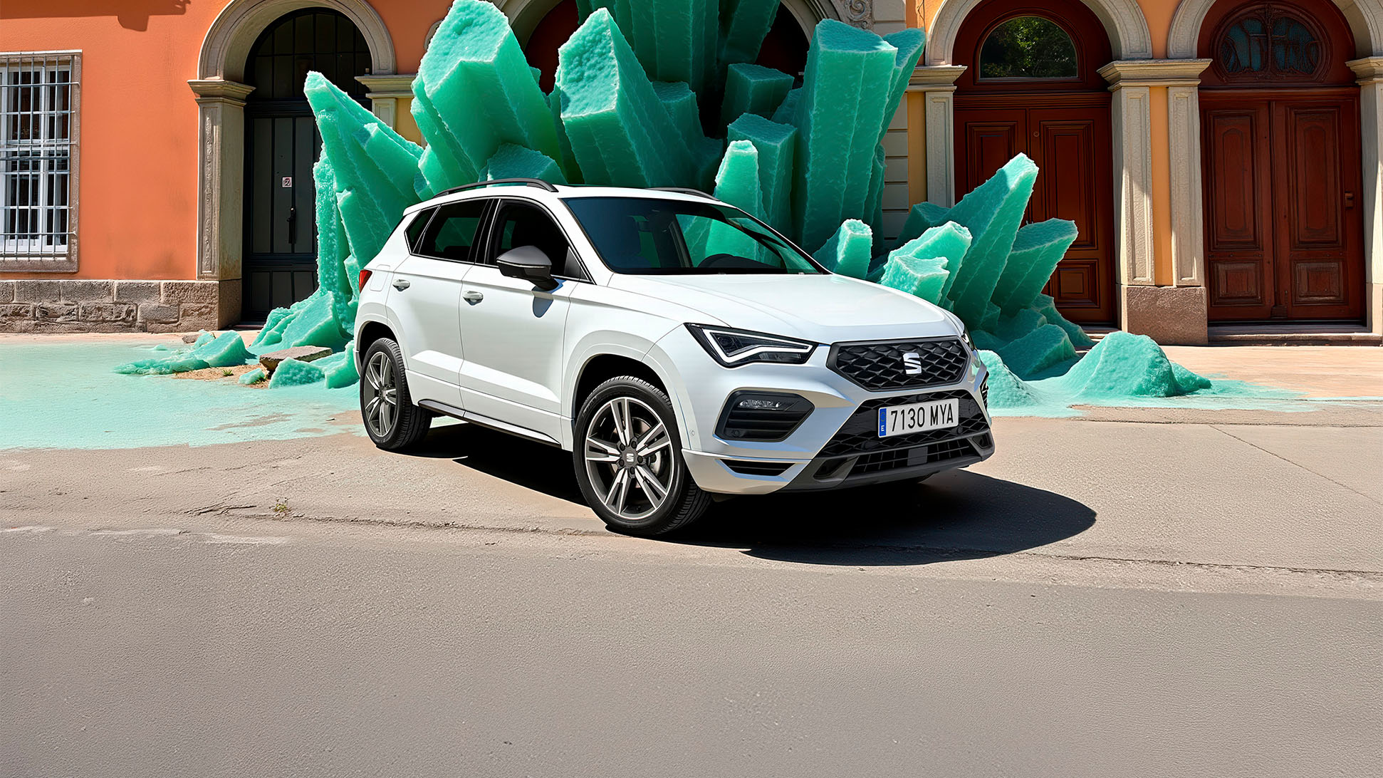 seat ateca parked in a urban environment that contrasts with the colour of the car, to showcase the sleek style of its design.