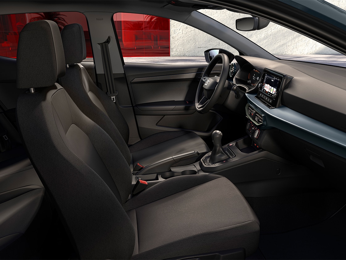 Seat ibiza interior details including the cloth comfort seats for reference in acero tone. 
