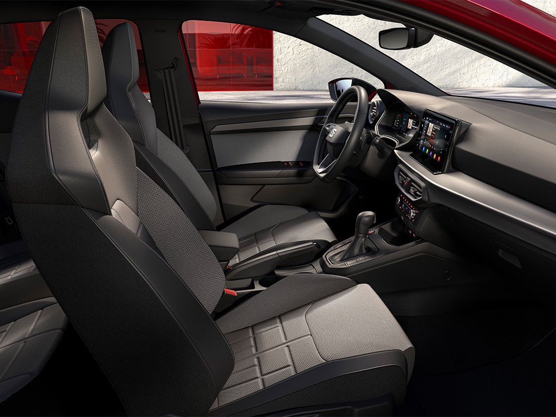 SEAT Ibiza interior details including the embossed bucket seats for FR in nuance.