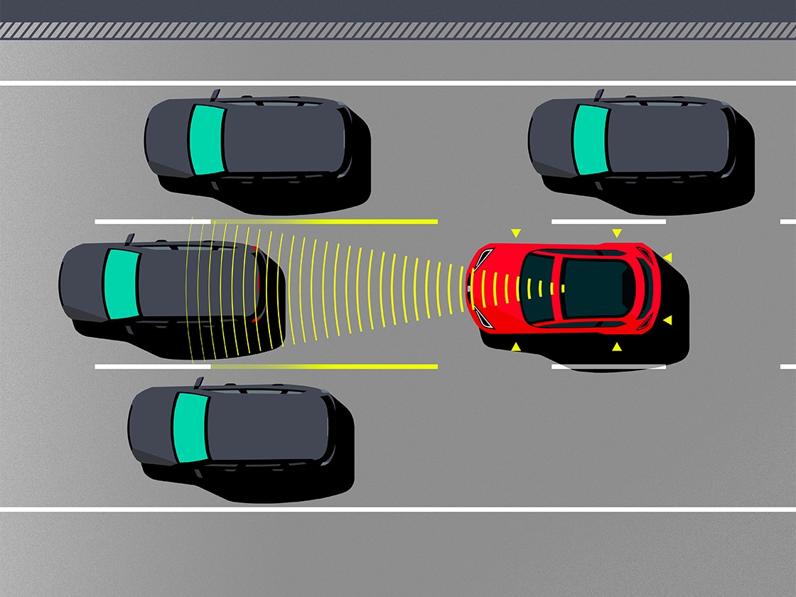 Illustration that shows how the Traffic Jam Assist works. This feature is included in the Safe Driving Pack XL, available for the SEAT Leon SP.