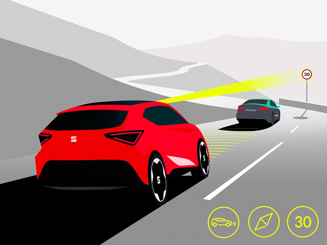 Illustration of the Adaptive Cruise Control technology in the SEAT Leon Sportstourer.