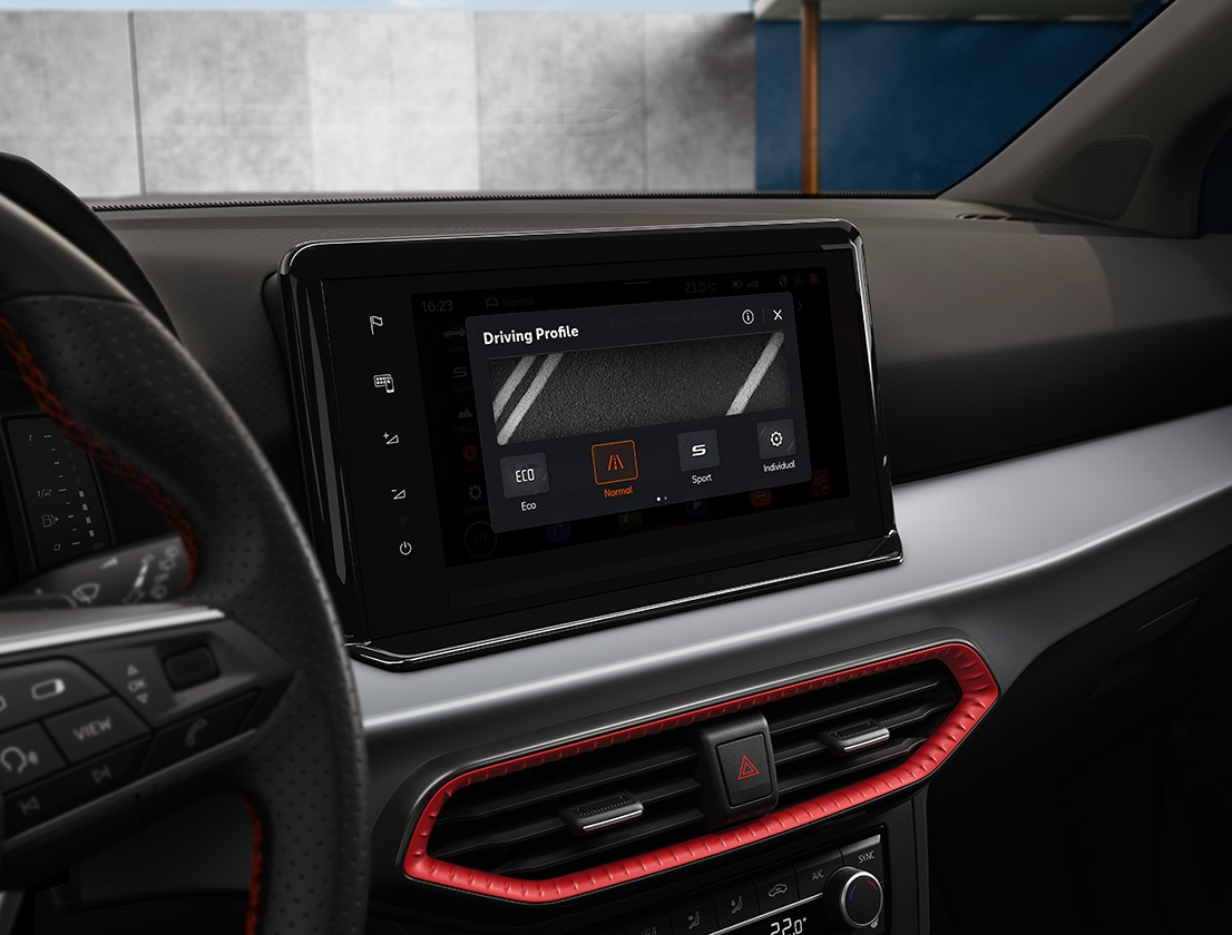 > SEAT infotainment screen showing the rear view for your park assistance. 