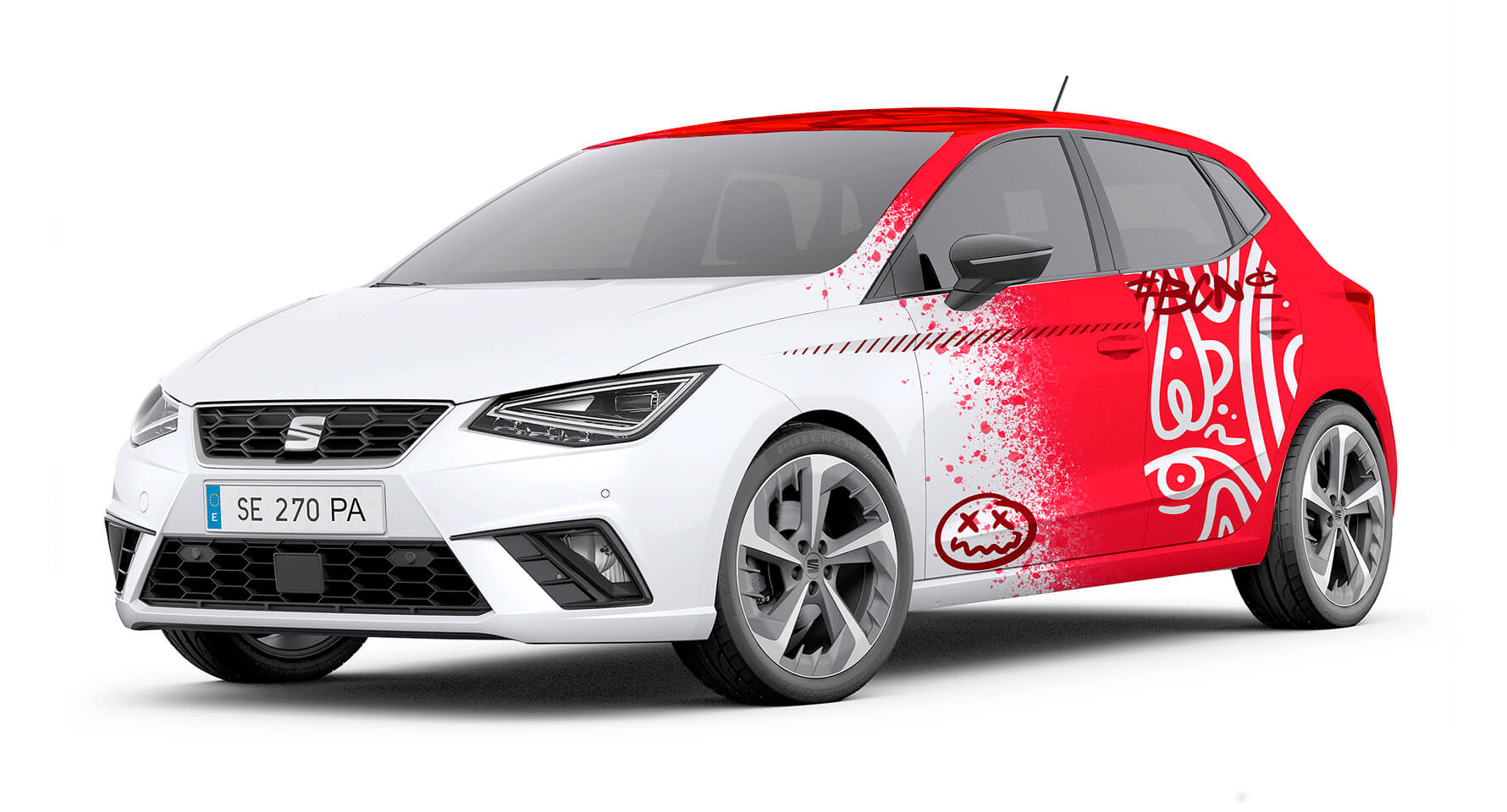 SEAT Ibiza with finalist Lucas Predseil’s graffiti-style design, featuring abstract white patterns on red panels and roof. Inspired by Barcelona’s vibrant street art, the design reinterprets SEAT’s eclectic and cutting-edge identity.