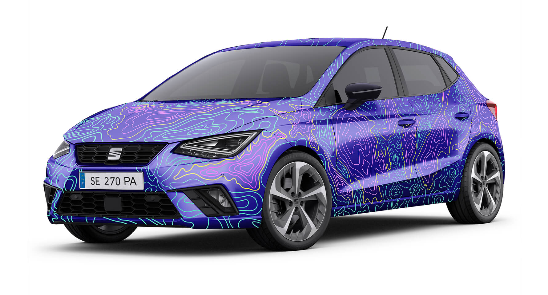 SEAT Ibiza featuring Irati Sáez de Vicuña’s vinyl design, showcasing 14 Spanish cities that inspired SEAT model names. The cities are arranged chronologically, celebrating the brand’s national heritage.