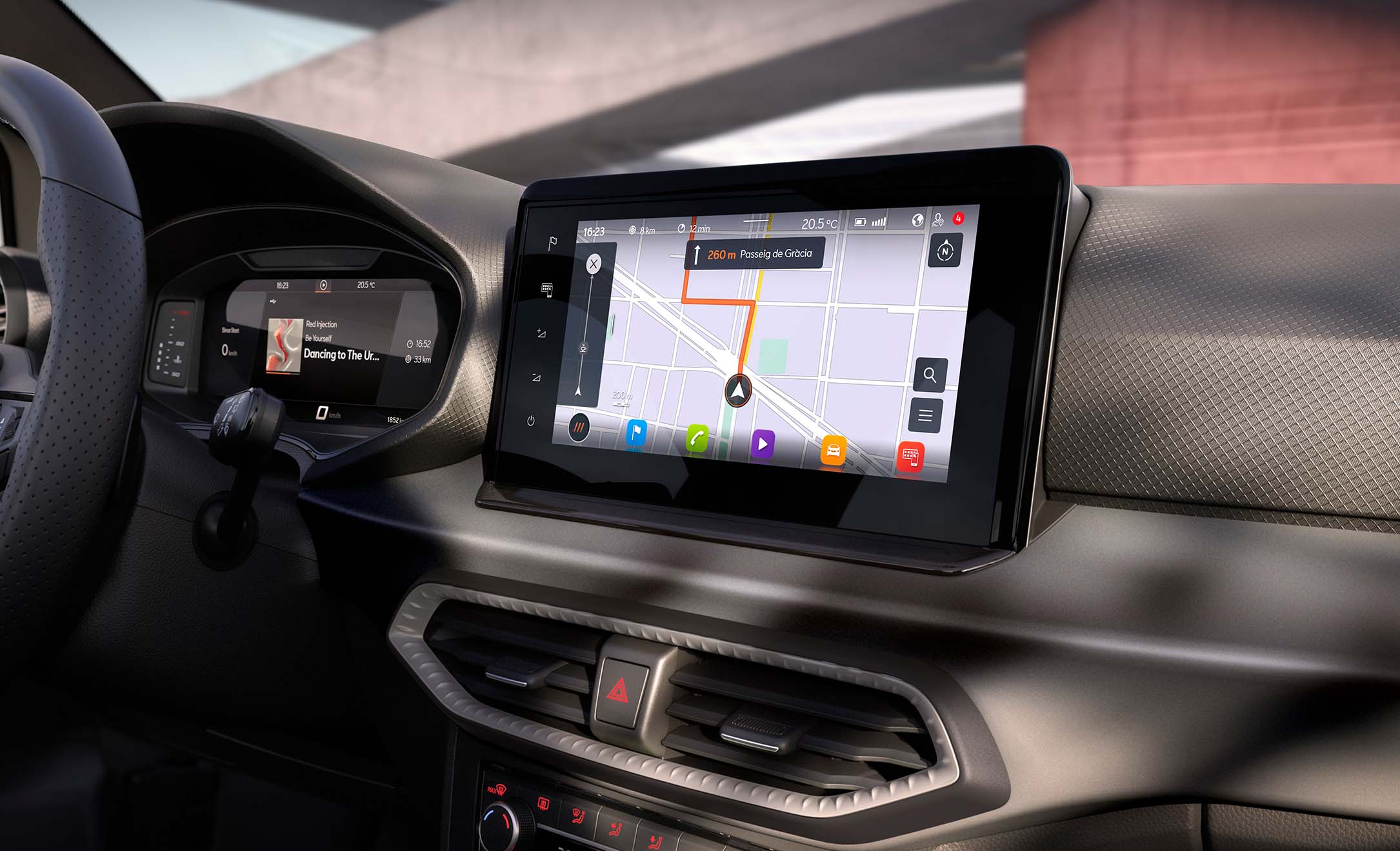 Detailed view of the SEAT Ibiza’s 9.2-inch navigation system displaying full-screen maps and real-time traffic updates, showcasing SEAT Connect features for seamless route planning and connected driving.