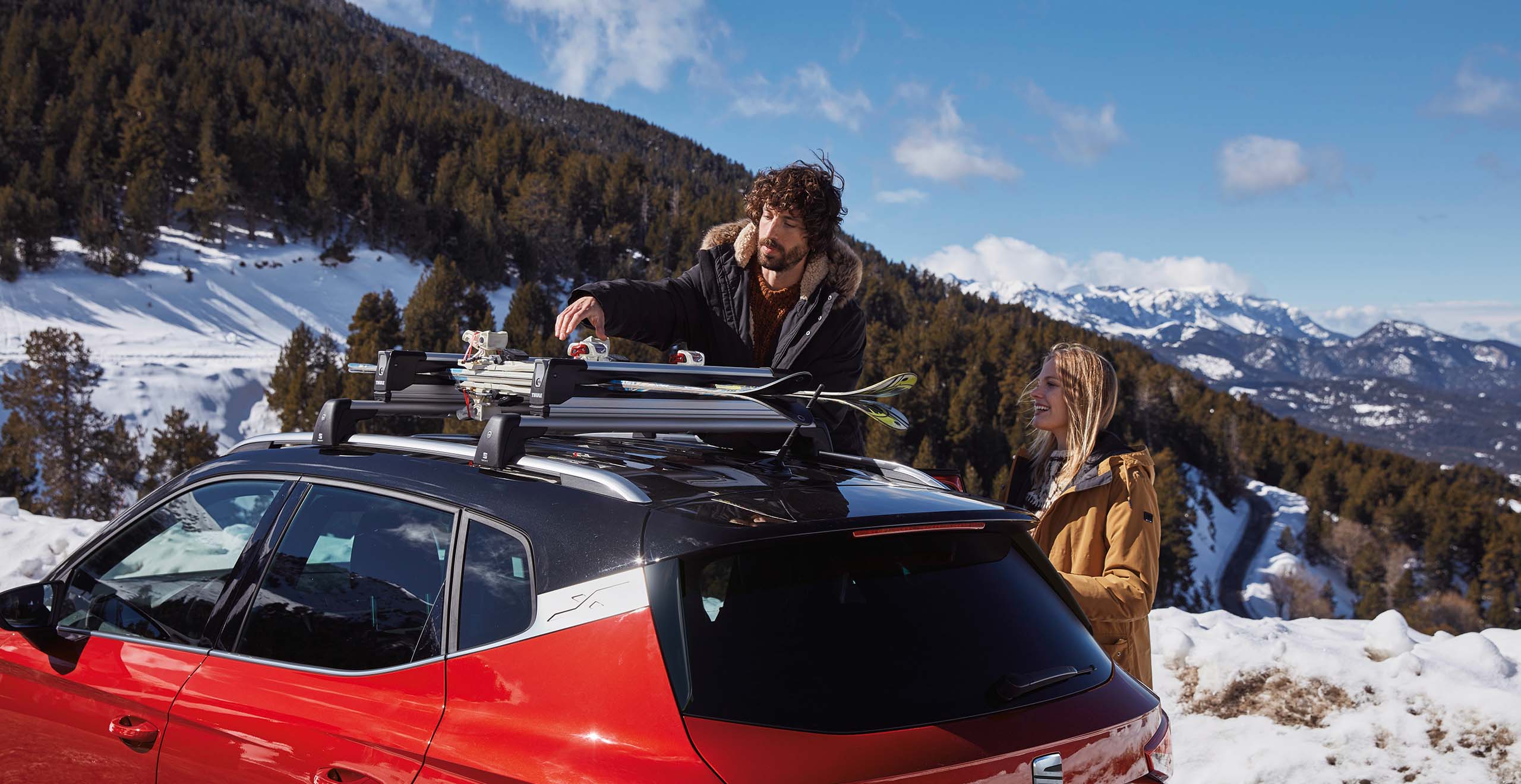 SEAT Ateca dark camouflage colour with ski rack accessory.
