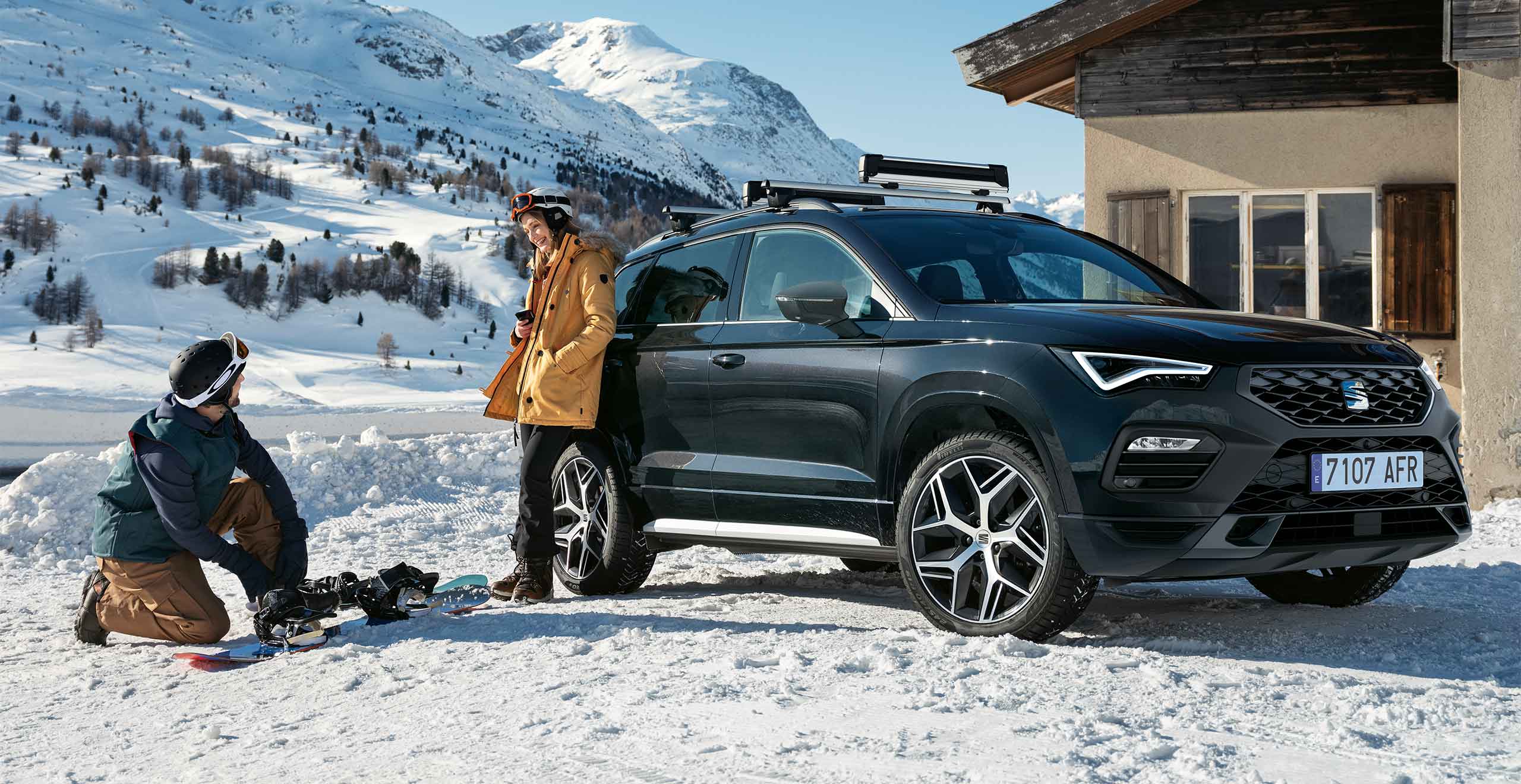 SEAT Ateca dark camouflage colour with ski rack accessory.