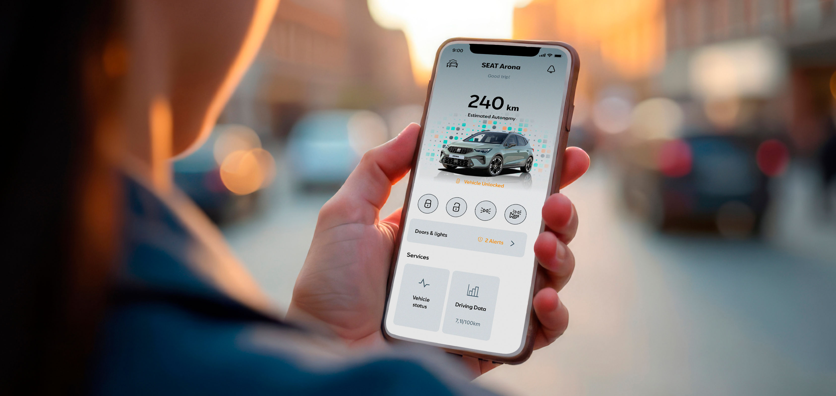 Close-up of a person using the My SEAT App on a smartphone, showcasing connected car features, remote access, and seamless digital integration for a smarter driving experience.