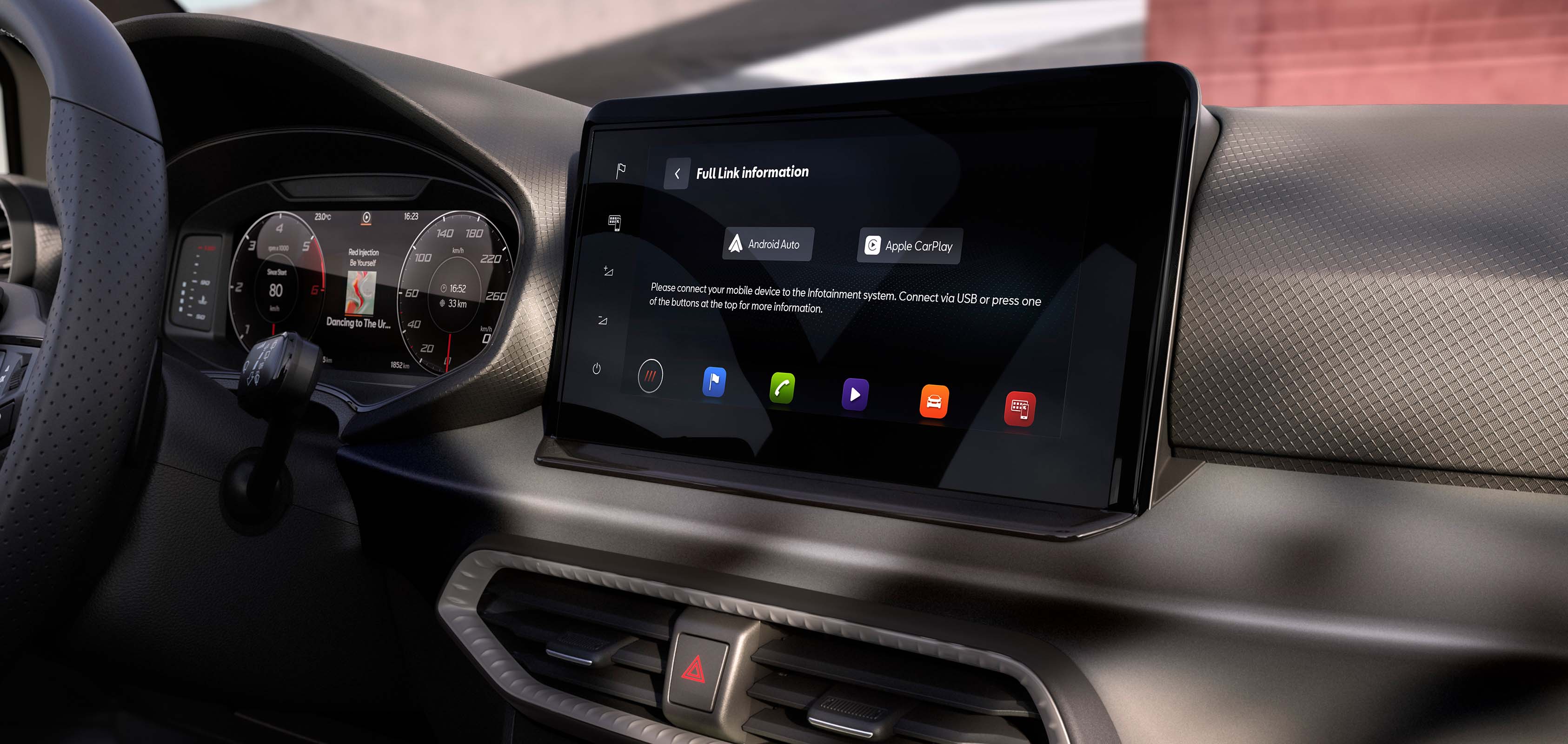 Detailed view of the SEAT Ibiza dashboard featuring the Full Link infotainment system with smartphone integration, providing seamless connectivity, navigation, and entertainment options for a smarter driving experience.