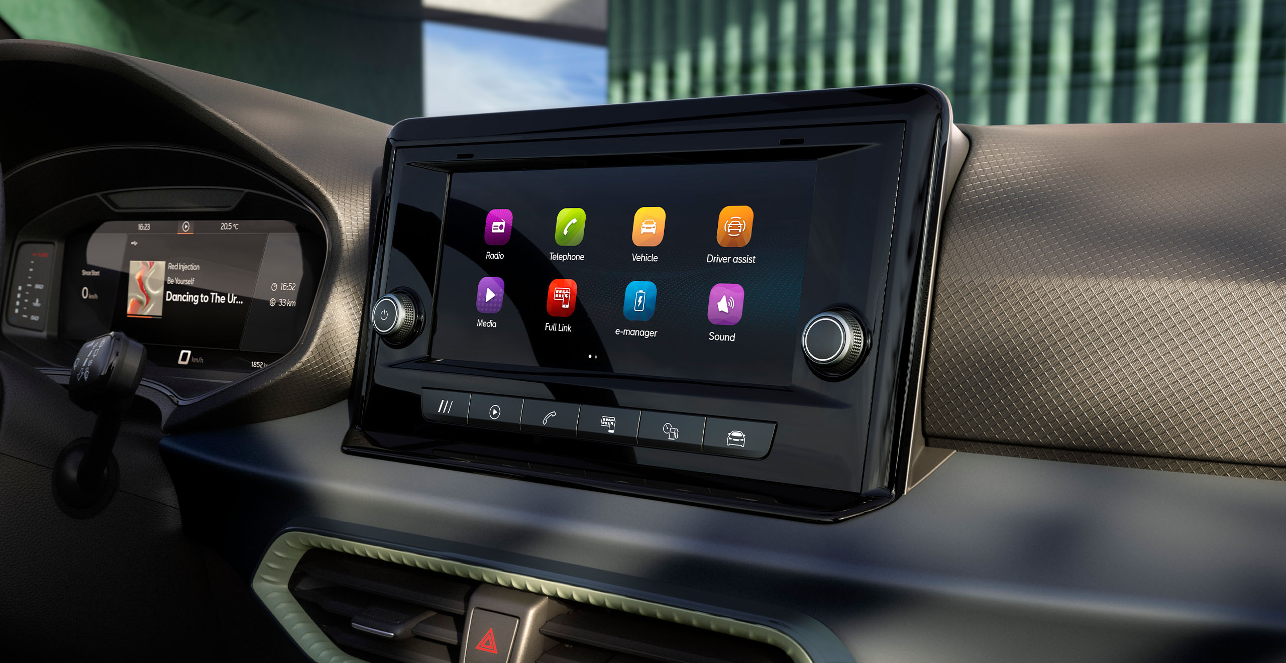 A close-up view of the infotainment touchscreen in a SEAT Arona, showing the home screen interface with a grid of colorful menu icons for various functions. The physical climate controls are visible below.
